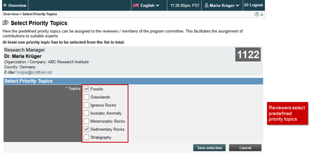 Image 9: Reviewers can select their priority topics from the list of topics - Click on image to enlarge